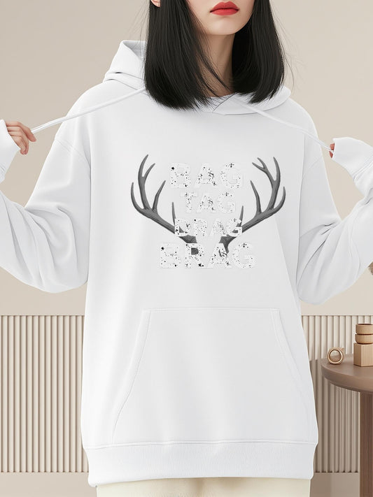 Women's Graphic Hoodie Snowy Antlers With Abstract Ink Patterns Surrounding A Noble Deer