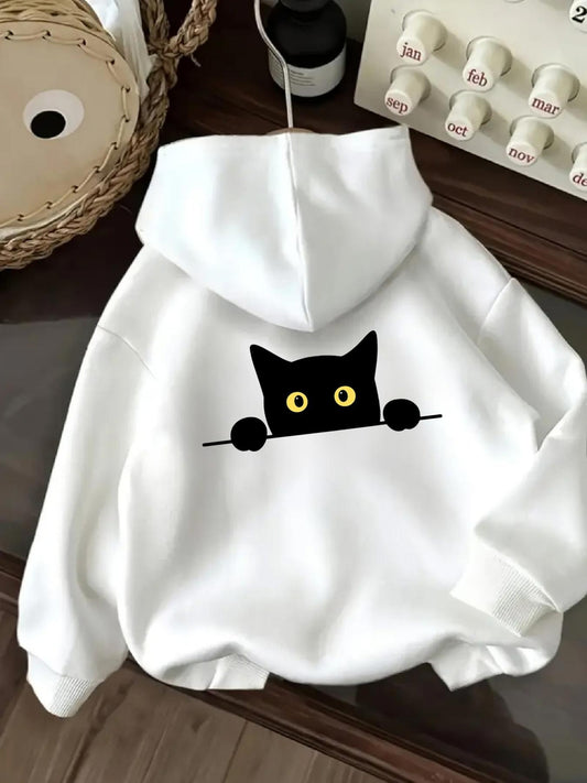 Women's Graphic Hoodie Playful Silhouette Cat Peeking With Bright Curious Eyes Hoodie