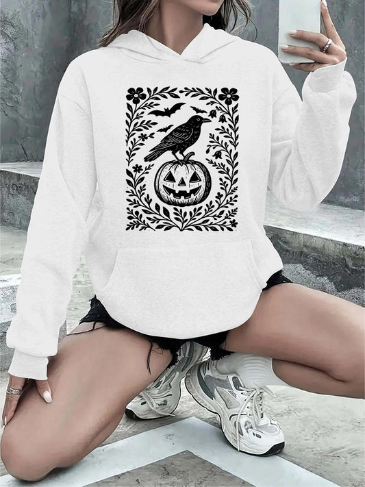 Women's Graphic Hoodie Spooky Autumn Night With Raven Perched On Carved Jack O Lantern