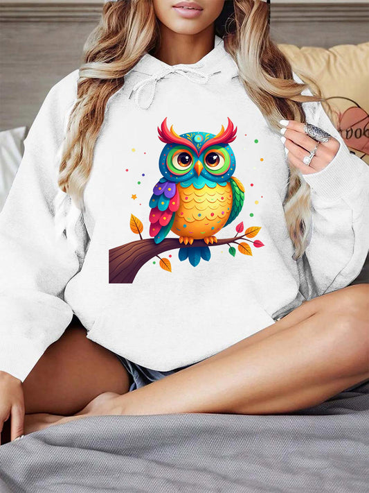 Women's Graphic Hoodie Colorful Autumn Leaves With Bright Patterns Perched On Peaceful Branch Owl