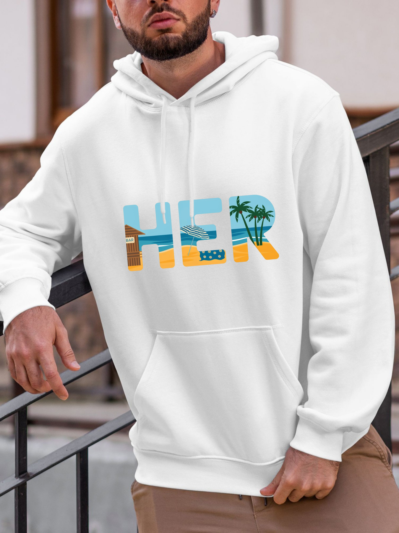 Men's Graphic Hoodie HER Tropical Sunset Colors With Palm Trees And Ocean Horizon