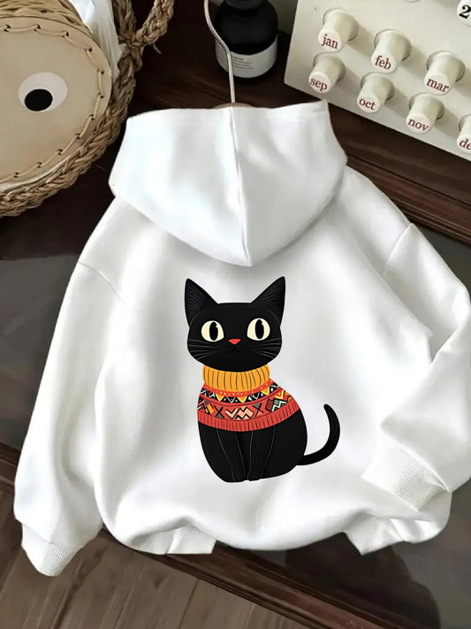 Women's Graphic Hoodie Playful Eyes With Orange Patterned Sweater Wearing Sitting Cat