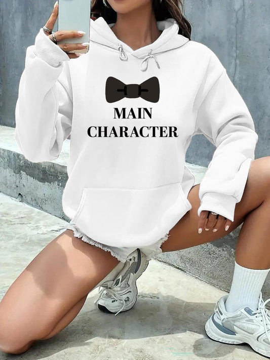 Women's Graphic Hoodie Main Character Bow Tie Graphic White Hoodie