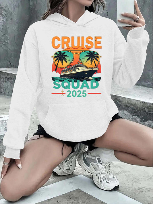 Women's Graphic Hoodie Cruise Squad 2025 Sunset Palms With Vibrant Ocean Voyaging Cruise Ship