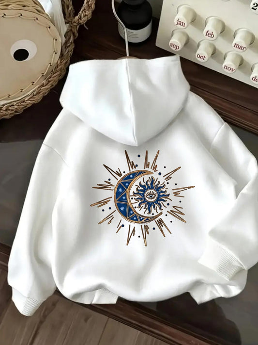 Women's Graphic Hoodie Radiant Sunbeams Encircling A Cosmic Moon Surreal Celestial Symbol