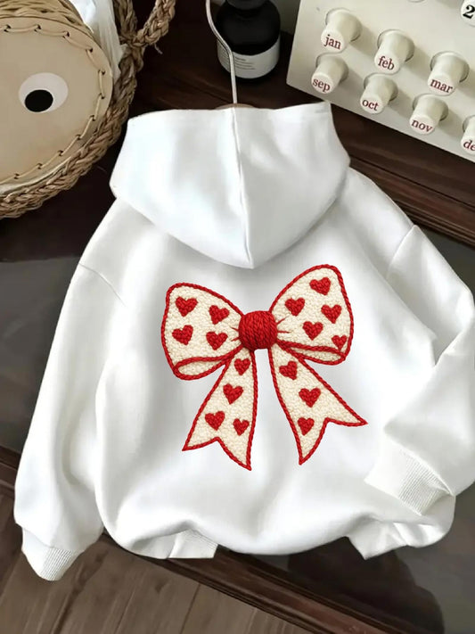 Women's Graphic Hoodie Festive Embroidered White Bow With Scattered Red Hearts Pattern Bow