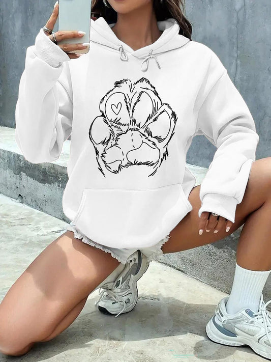Women's Graphic Hoodie Sketch Heart Marked Fur Texture Large Pawprint