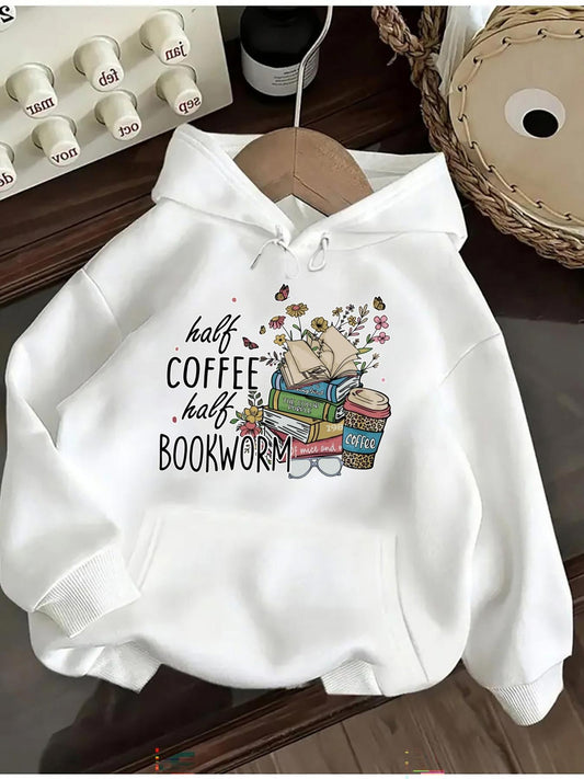 Women's Graphic Hoodie Half Coffee Half Bookworm Surrounded By Stacked Books And Coffee Cup Cat