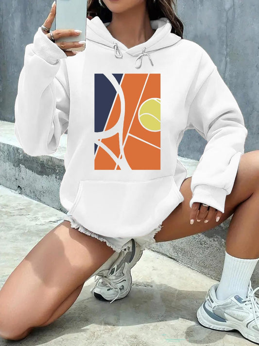Women's Graphic Hoodie Abstract Shapes With Tennis Ball And Orange Color Court