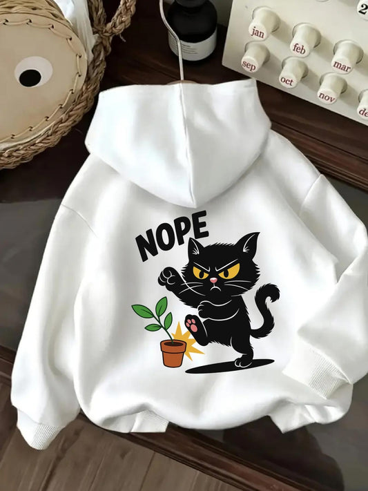 Women's Graphic Hoodie Nope Angry Black Cat Kicking Flowerpot On White Hoodie