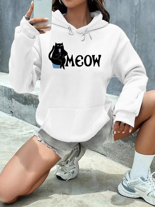 Women's Graphic Hoodie Meow Sitting Cute Silly Black Cat Among Minimal Urban Graphic Cat