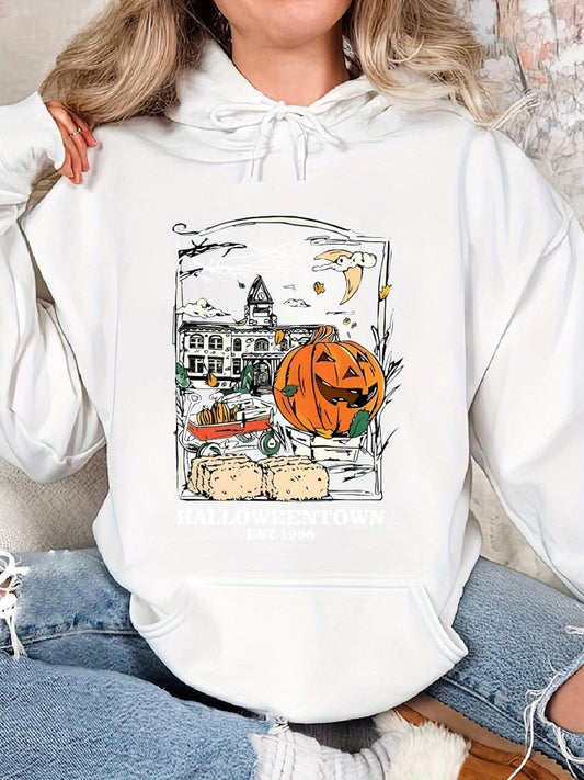 Women's Graphic Hoodie Spooky Old House Under Crescent Moon With Pumpkins And Falling Autumn Leaves Jack O Lantern