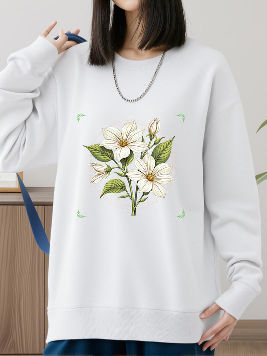 Women's Graphic Hoodie Fresh Blooming White Flowers Among Green Botanical Leaves Bouquet