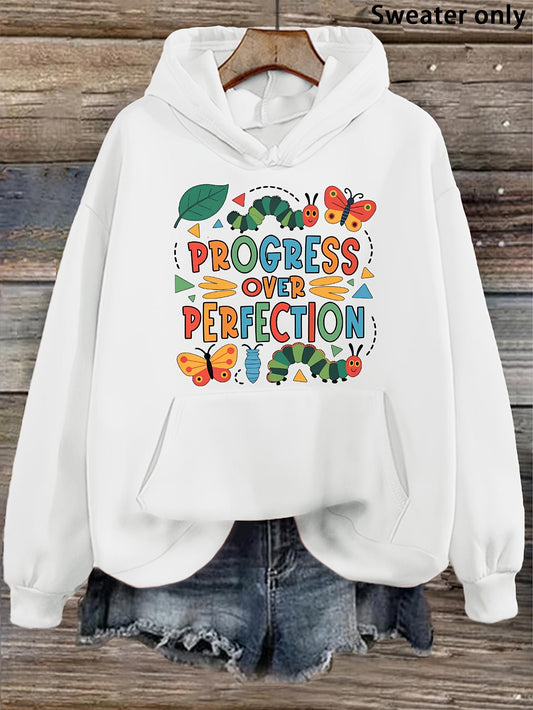 Women's Graphic Hoodie Progress Over Perfection Surrounded By Colorful Leaves And Butterflies Hoodie