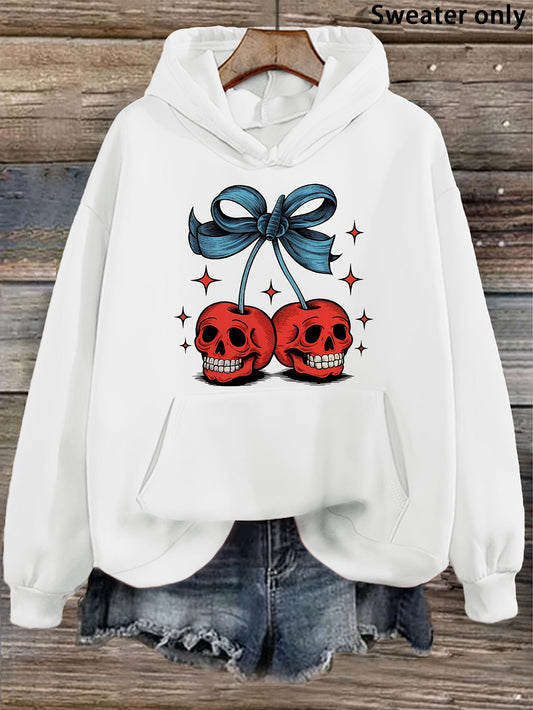 Women's Graphic Hoodie Blue Ribbon With Sparkling Stars Above Lifelike Red Cherry Skulls