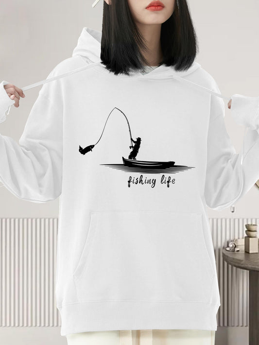 Women's Graphic Hoodie Fishing Life Silhouette Of Person In A Small Boat Casting Fishing Rod