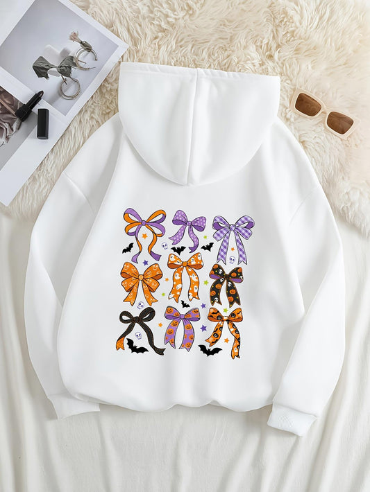 Women's Graphic Hoodie Halloween Inspired Festive Orange And Purple Pattern Bows Hoodie