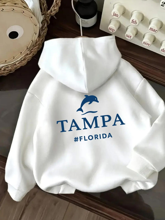 Women's Graphic Hoodie Tampa Florida With Blue Dolphin Silhouette Surrounded By White Hoodie