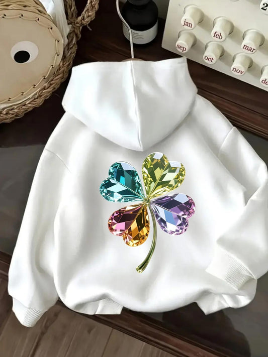 Women's Graphic Hoodie Colorful Gemstone Petals Reflecting Light Shining Green Four Leaf Clover