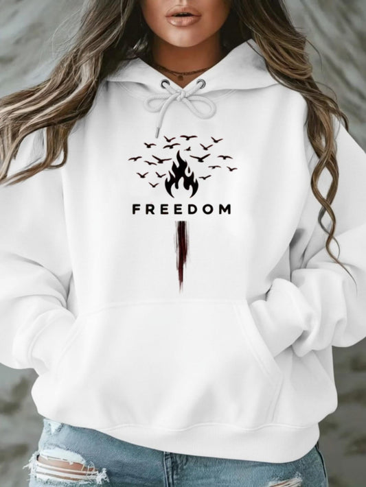 Women's Graphic Hoodie Freedom Black Birds Flying Among Rising Flame Symbol