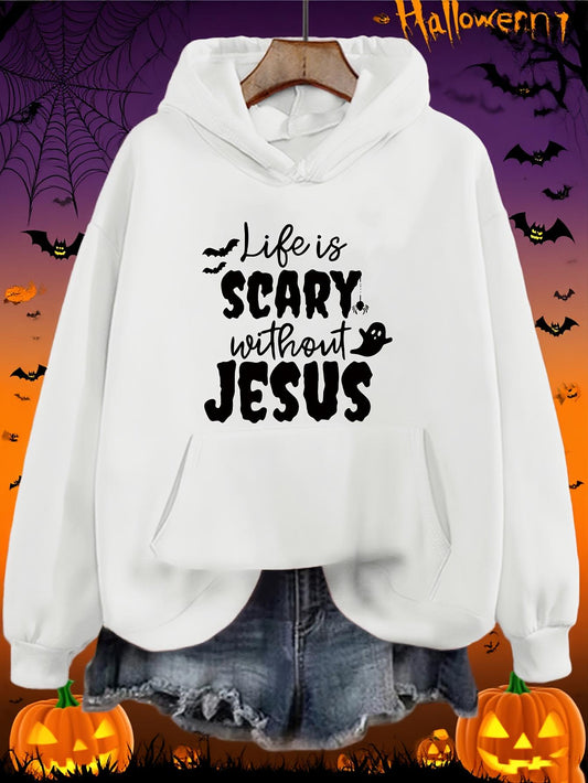 Women's Graphic Hoodie Life Is Scary Without Jesus Halloween Bat And Pumpkin Hoodie