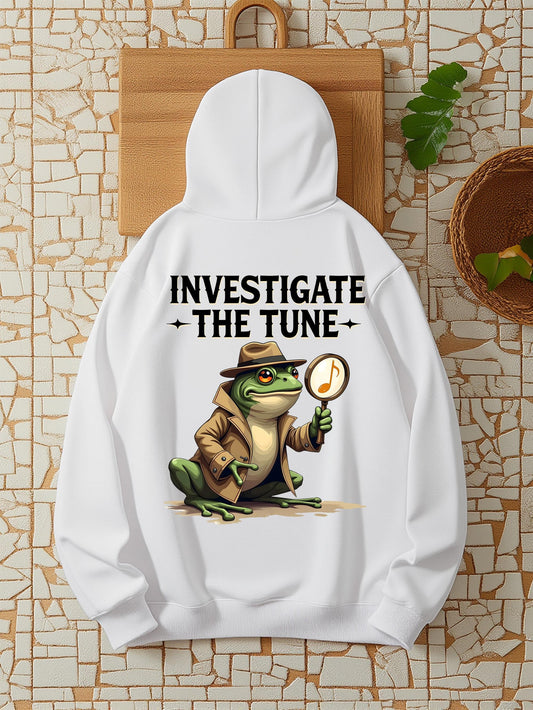 Women's Graphic Hoodie Investigate The Tune Detective Frog Holding Magnifying Glass On Music Note