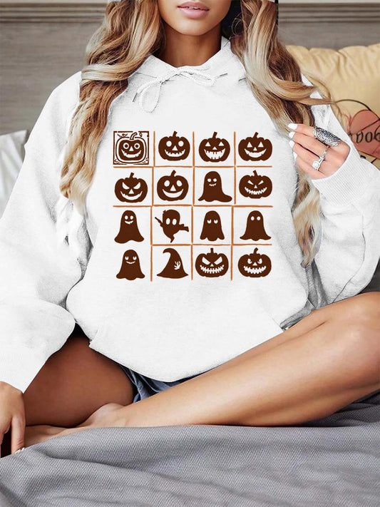 Women's Graphic Hoodie Spooky Pumpkins And Ghosts In Playful Halloween Grid Hoodie