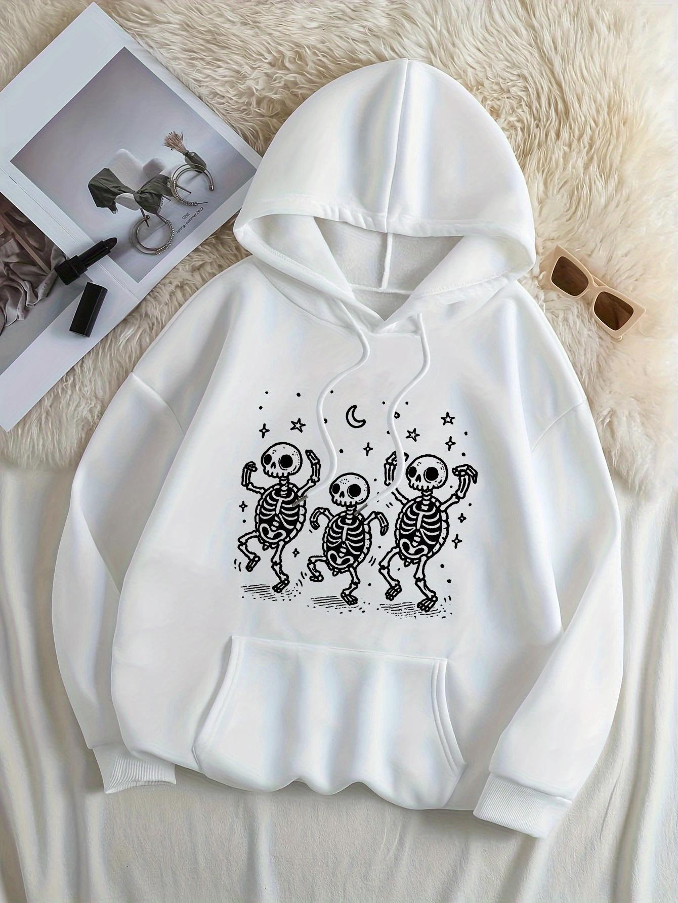 Women's Graphic Hoodie Dancing Under Crescent Moon With Stars Energetic Skeleton Trio