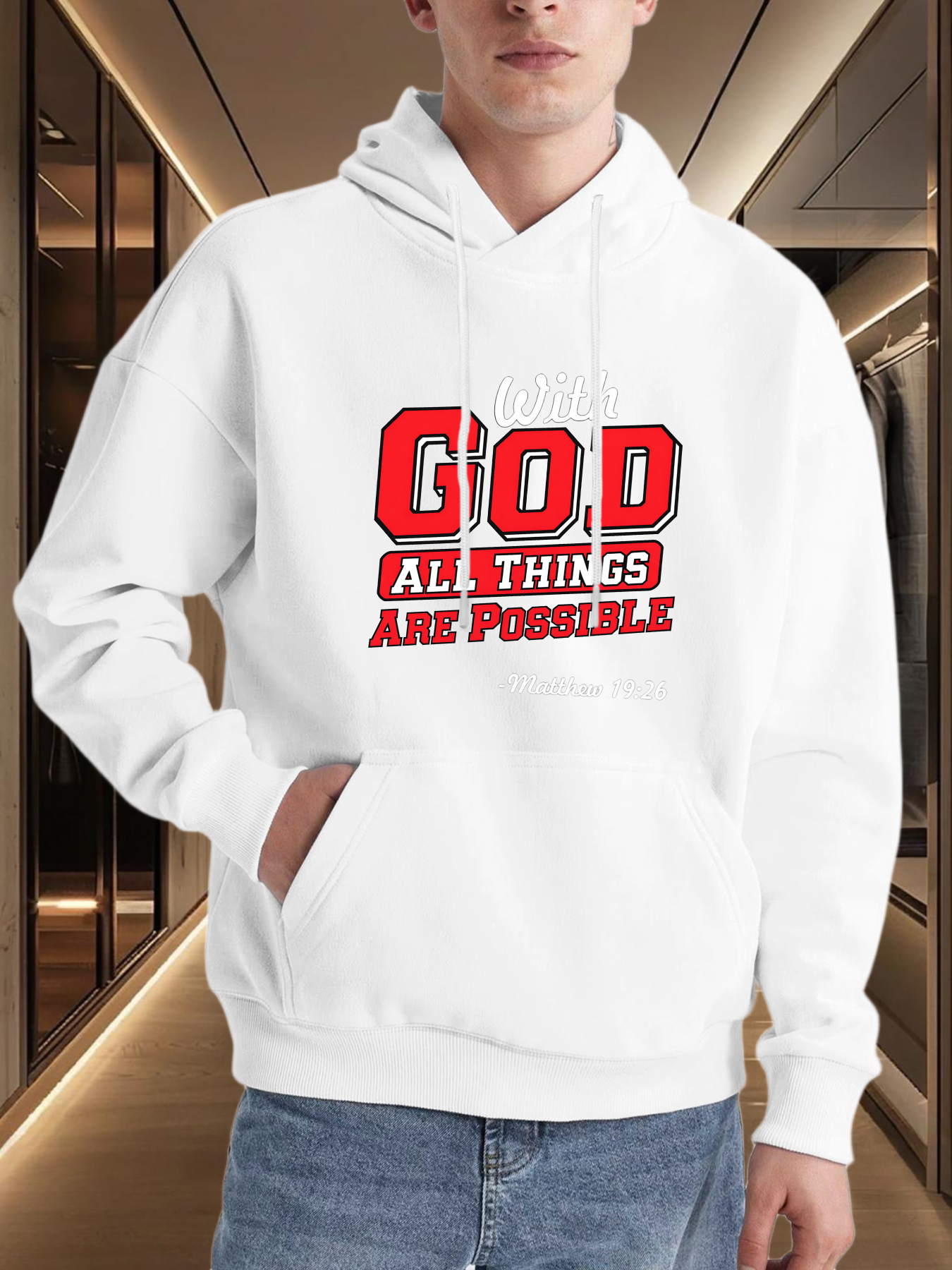 Men's Graphic Hoodie All Things Are Possible Bold Lettering On White Hoodie