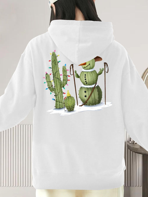 Women's Graphic Hoodie Festive Prickly Cactus Snowman With Colorful Holiday Lights