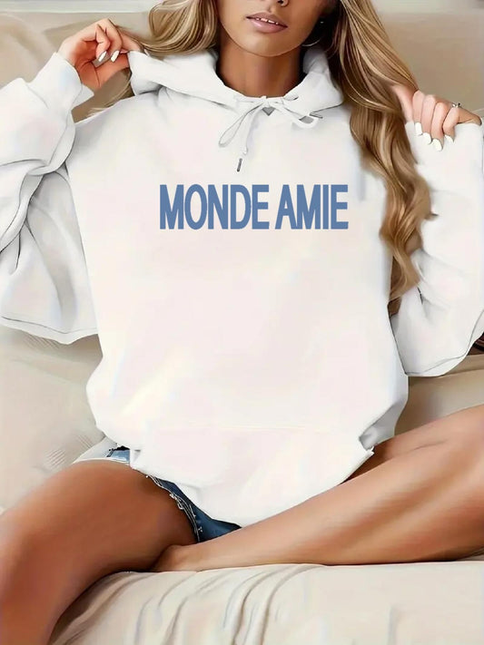 Women's Graphic Hoodie Monde Amie Simple Elegant Blue Lettering Hoodie