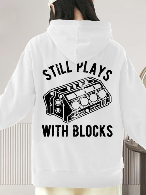 Women's Graphic Hoodie Still Plays With Blocks Mechanical Engine Among Black Bold Outlined Artwork