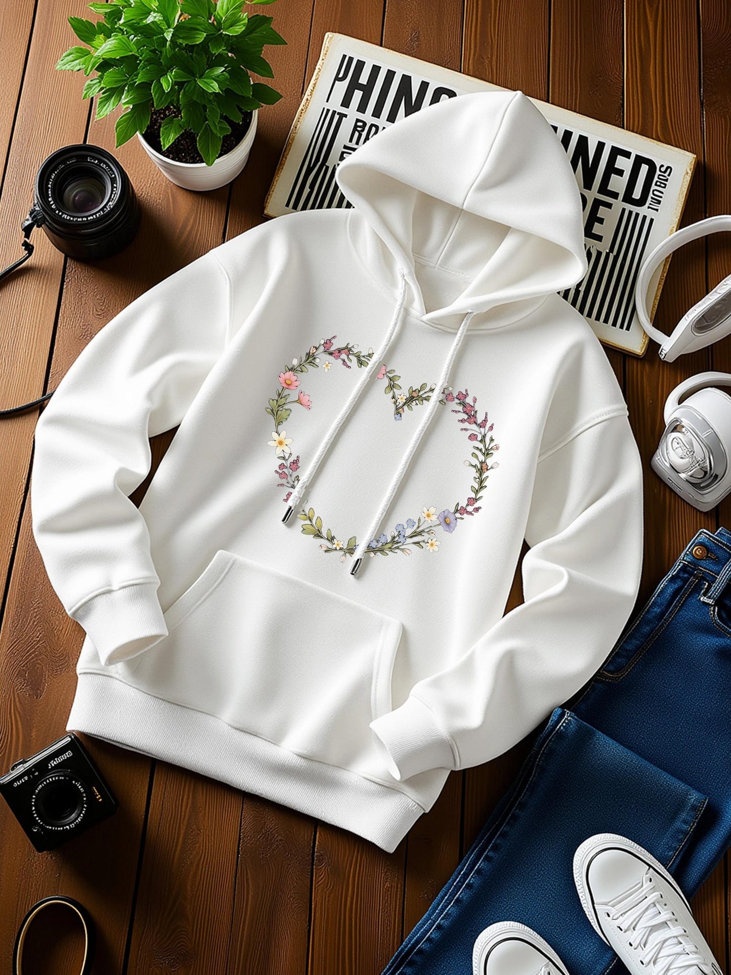 Men's Graphic Hoodie Delicate Spring Blooms With Green Leaves Forming A Heart Shape
