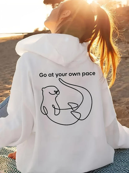 Women's Graphic Hoodie Go At Your Own Pace Minimalist Line Art River Otter