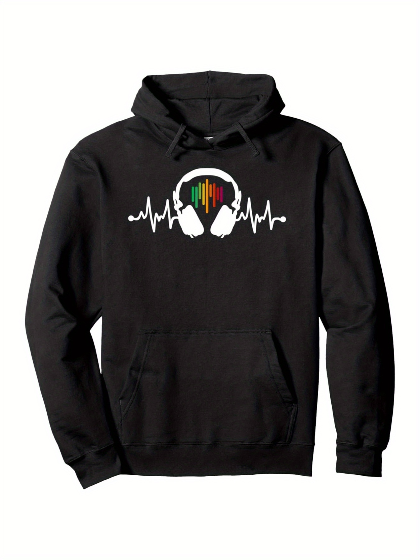 Men's Graphic Hoodie Colorful Pulse Lines With Headphones And Sound Wave Pattern