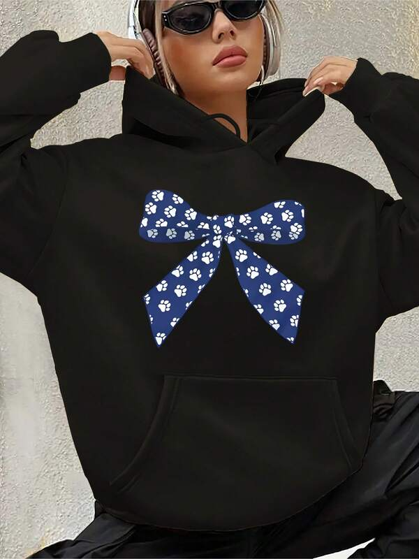 Women's Graphic Hoodie Blue Floral Print With Playful Large Ribbon Bow