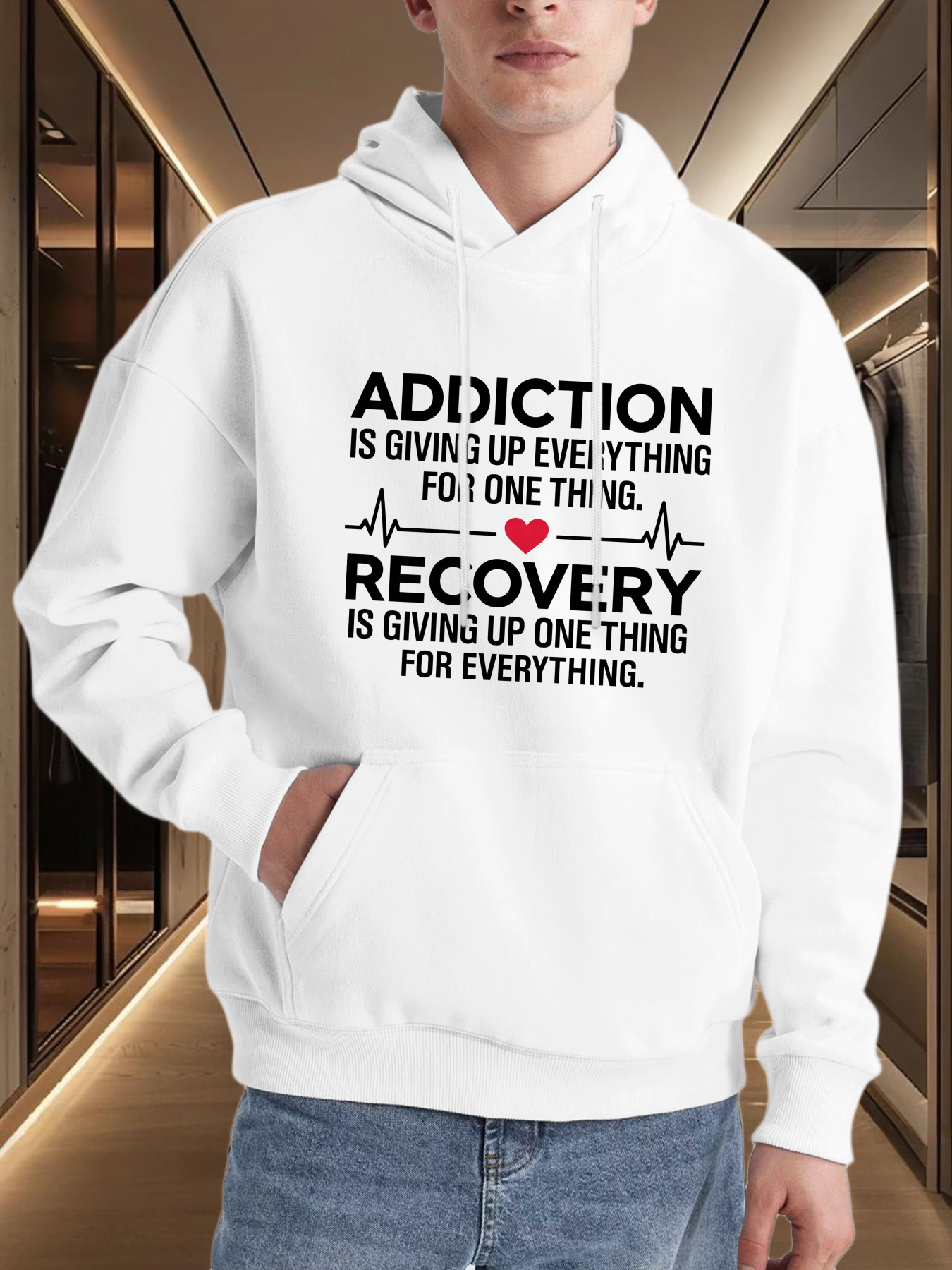 Men's Graphic Hoodie Addiction Recovery With Heartbeat Design Inspiring White Hoodie