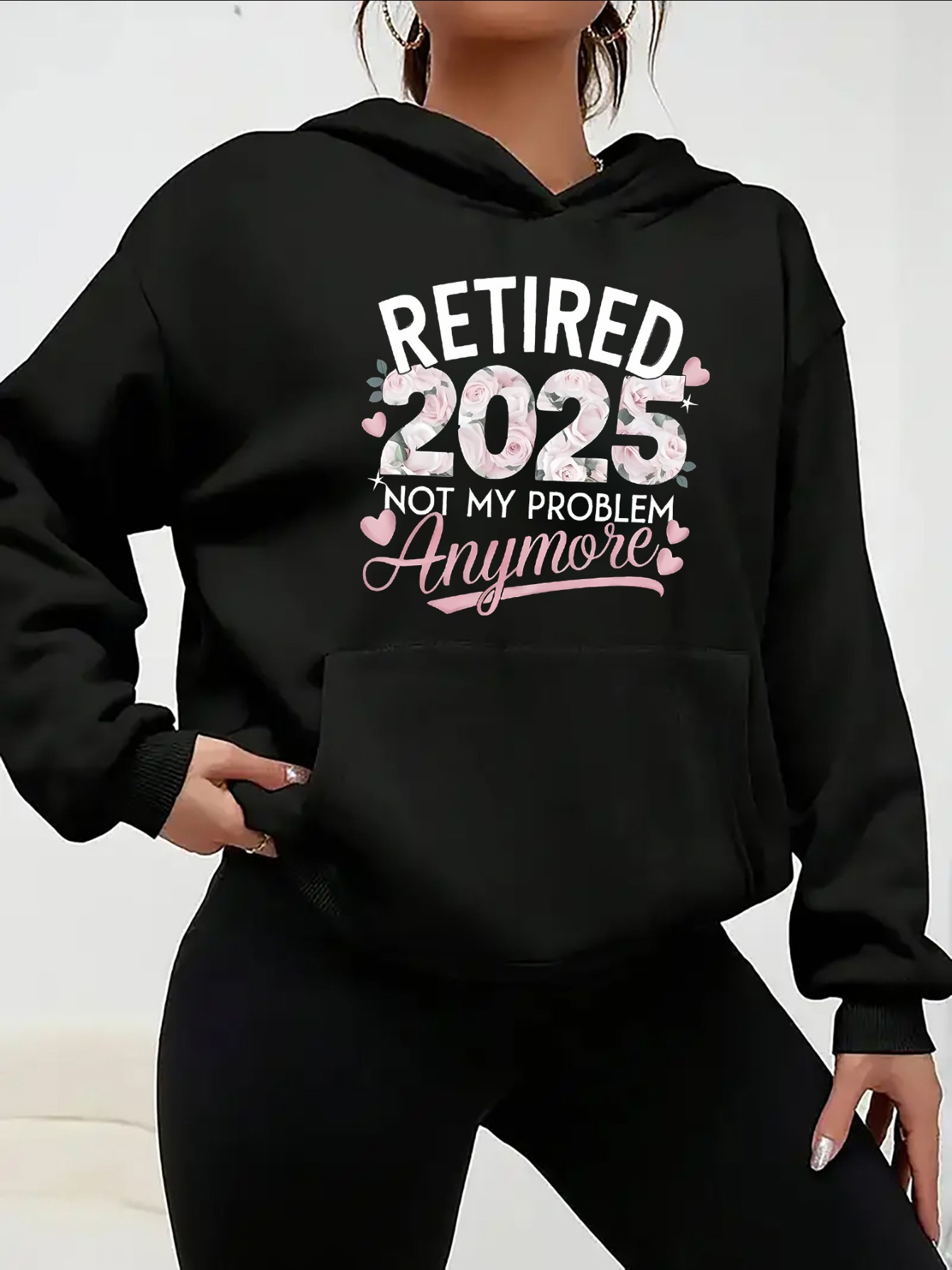 Women's Graphic Hoodie Retired 2025 With Pink Hearts Cheerful Lettering Hoodie