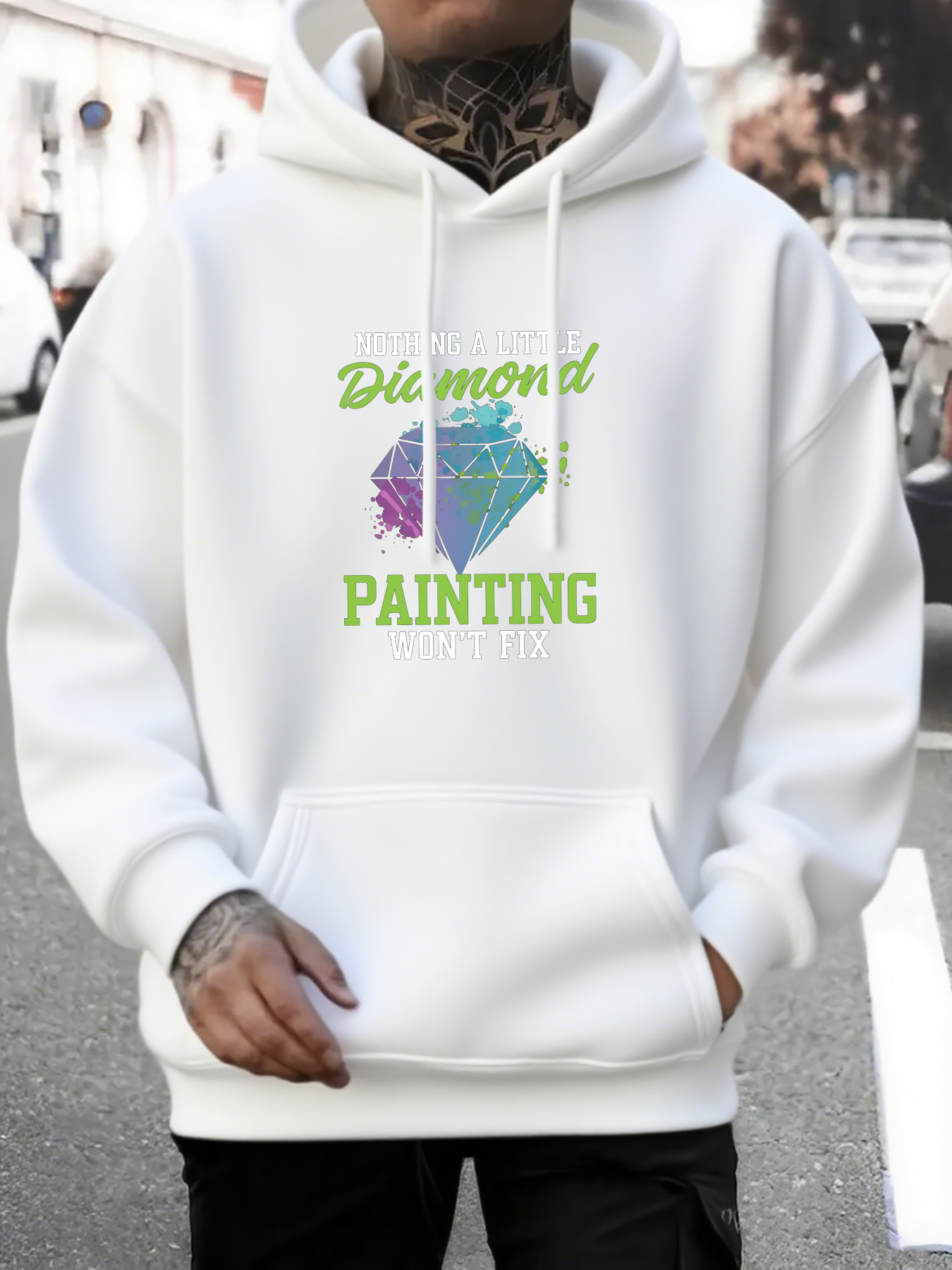 Men's Graphic Hoodie Diamond Painting Colorful Geometric Gemstone Under Bright Lettering Diamond