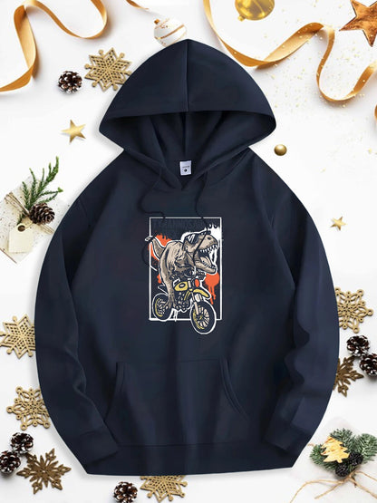 Men's Graphic Hoodie Roaring Prehistoric Beast Riding On Orange Motocross Bike Under Dramatic Sky Dinosaur