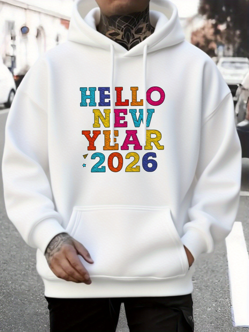 Men's Graphic Hoodie Hello New Year 2026 Colorful Bold Letters Celebrating Fresh Beginnings On Hoodie