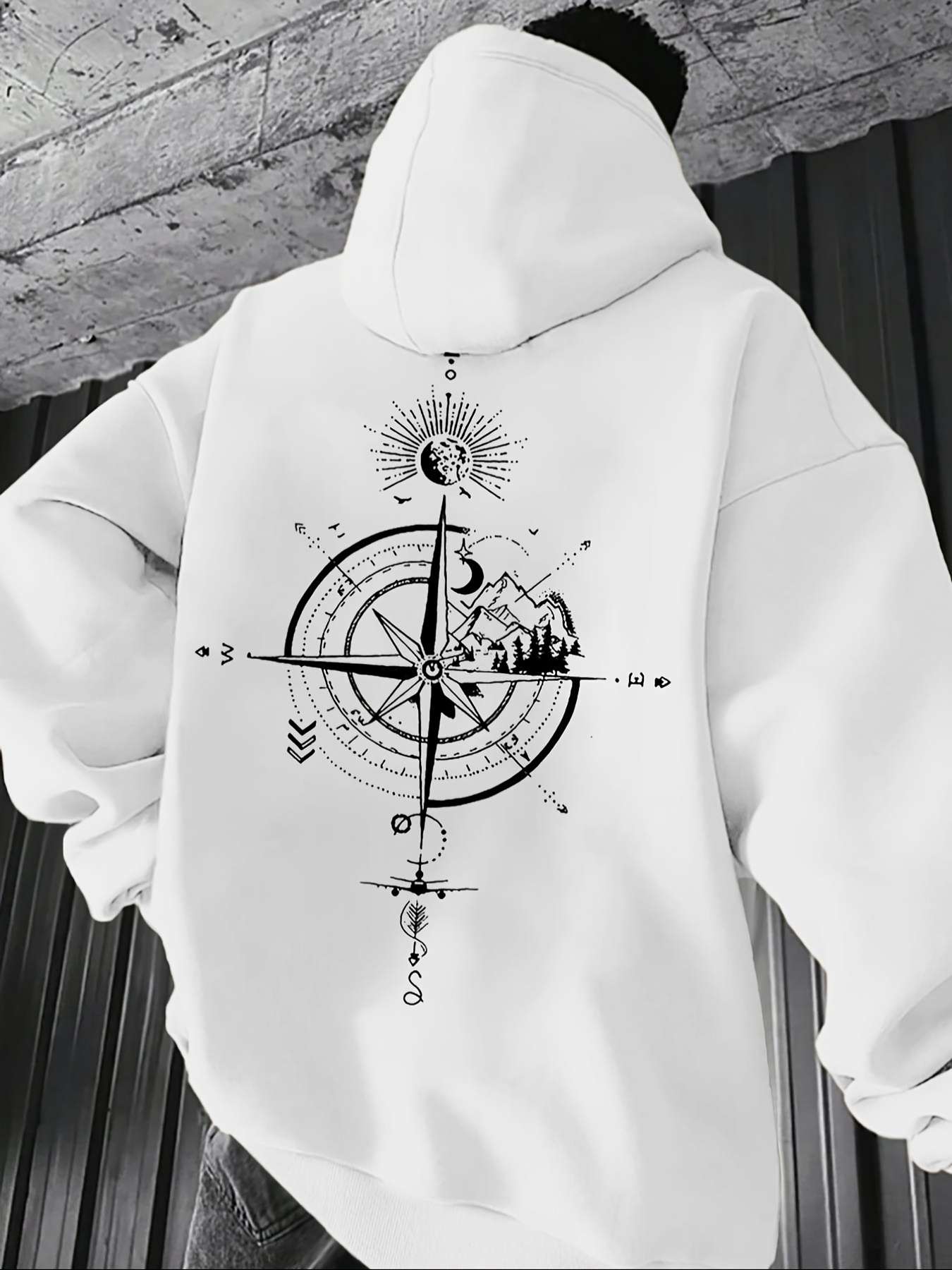 Men's Graphic Hoodie Radiant Sun With Compass Mountains And Crescent Moon Motif Hoodie
