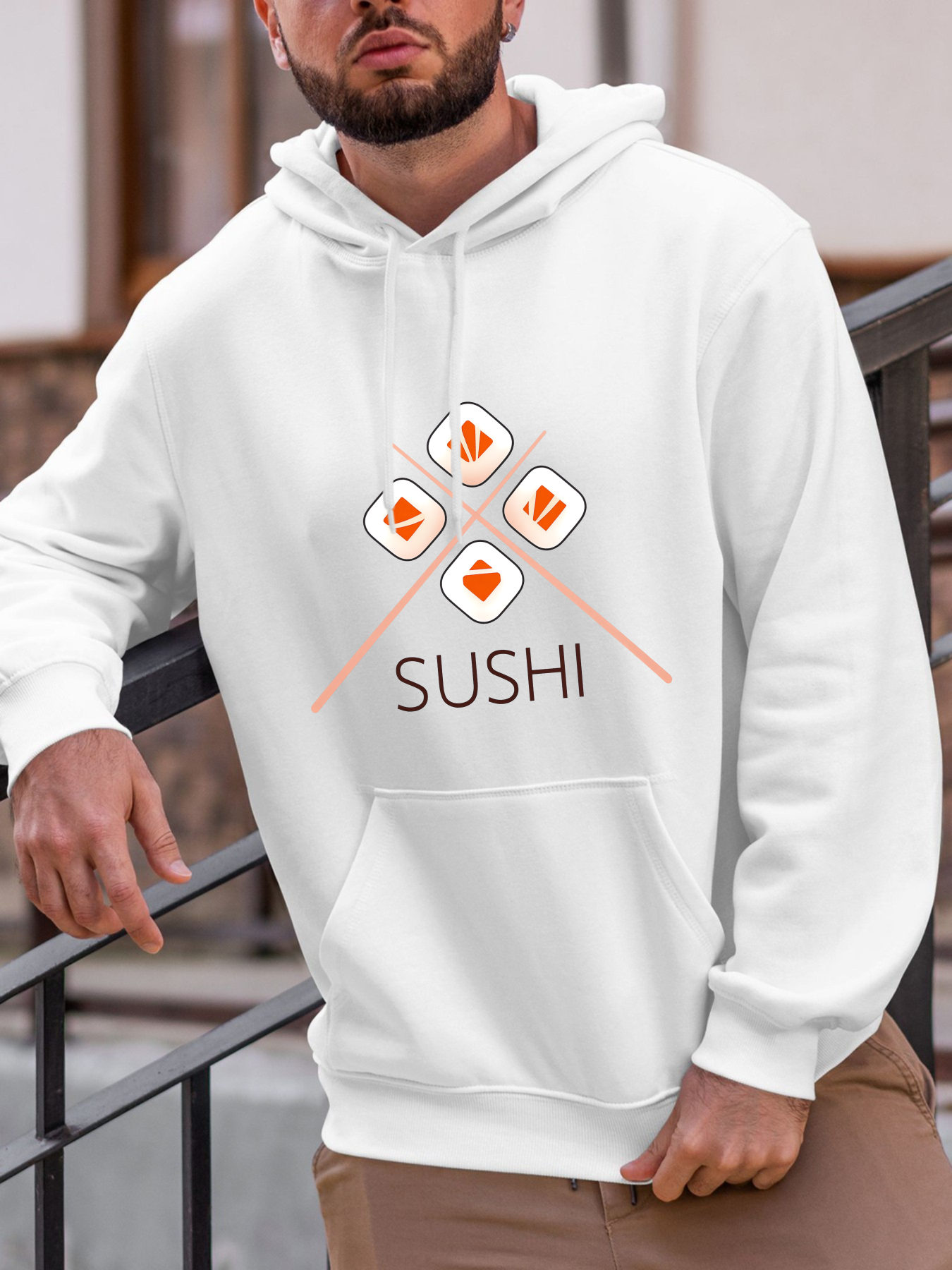 Men's Graphic Hoodie Fresh Seafood Illustrations With Minimalist Geometric Design Sushi