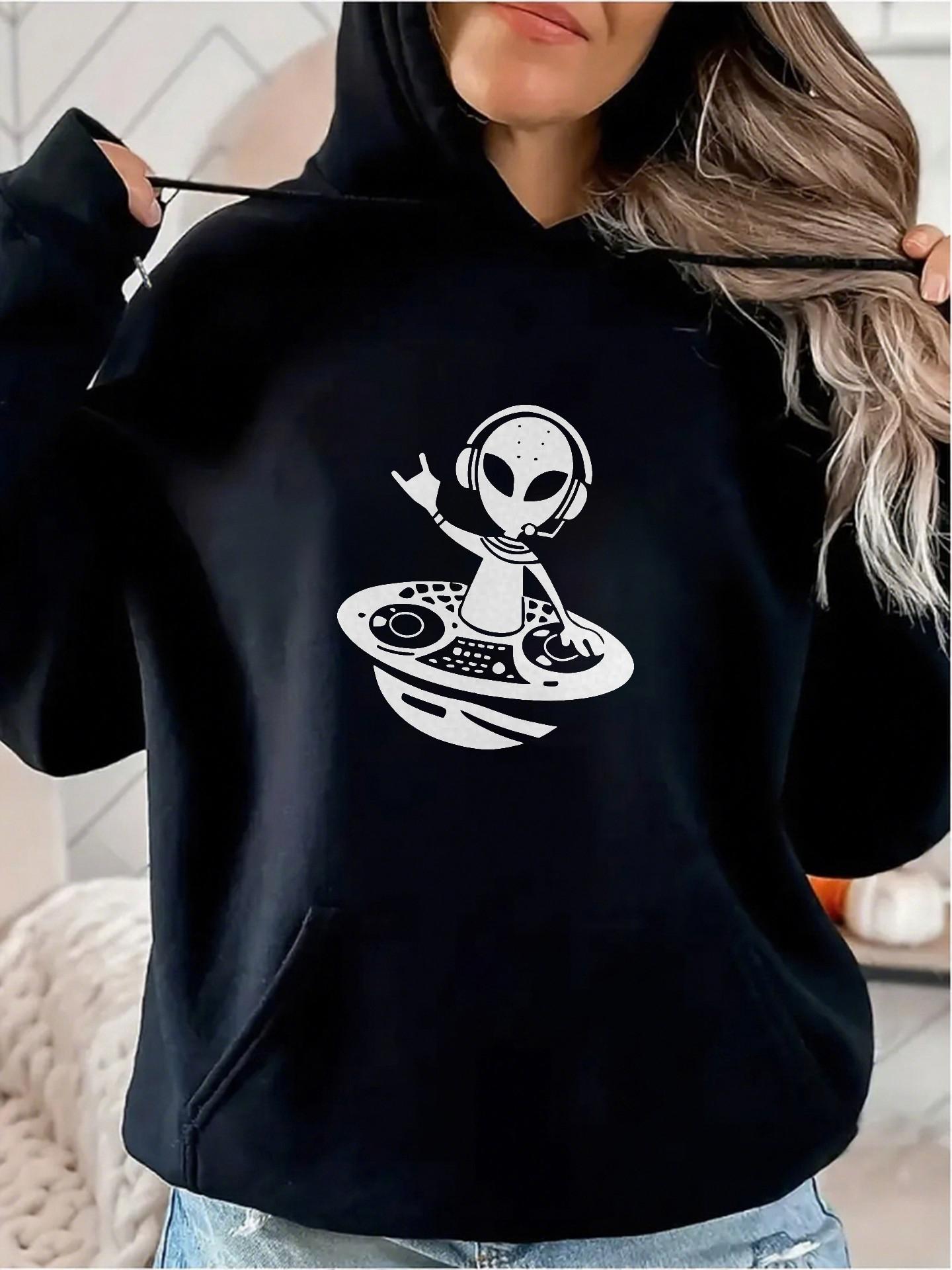 Women's Graphic Hoodie Futuristic Alien With Headphones Mixing At Galactic DJ Booth