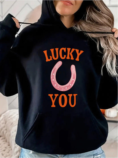 Women's Graphic Hoodie Lucky You Pink Horseshoe Surrounded By Bold Orange Letters Hoodie
