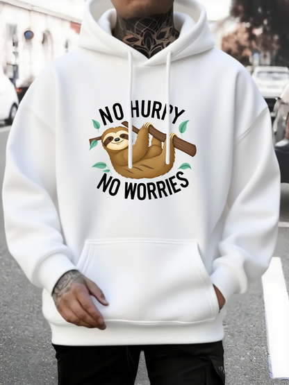 Men's Graphic Hoodie No Hurry No Worries Relaxed Sloth Resting On Tree Branch Surrounded By Leaves Hoodie