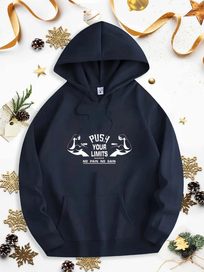 Men's Graphic Hoodie Push Your Limits With Determined Runners Print Black Hoodie