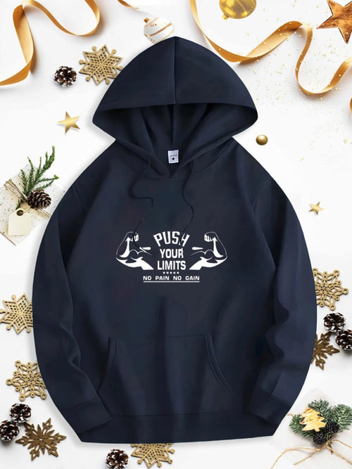 Men's Graphic Hoodie Push Your Limits With Determined Runners Print Black Hoodie
