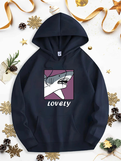 Men's Graphic Hoodie Lovely Cartoon Shark With Purple Framed Block Art Background