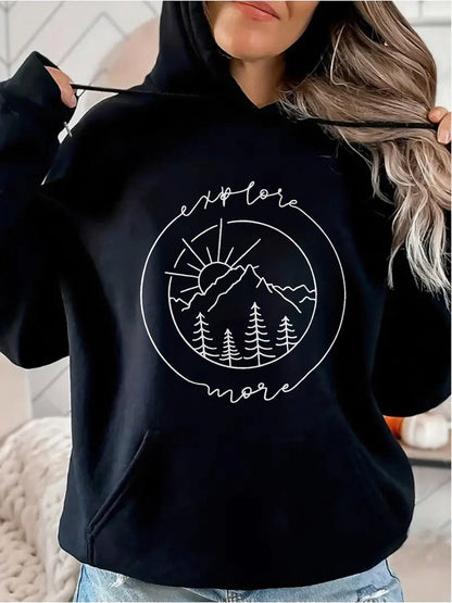 Women's Graphic Hoodie Explore More Hand Drawn Sun Rising Over Pine Forest Mountain